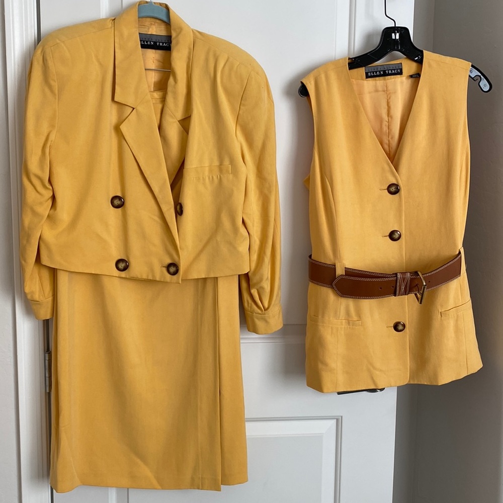 Vintage Ellen Tracy Silk Ensemble: Jacket, Skirt, Vest & Belt - Various Sizes